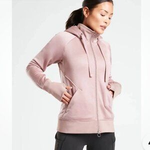 Athleta Triumph Luxe Shine, sherpa lined, full zip hoodie Dogwood Mauve sz XS